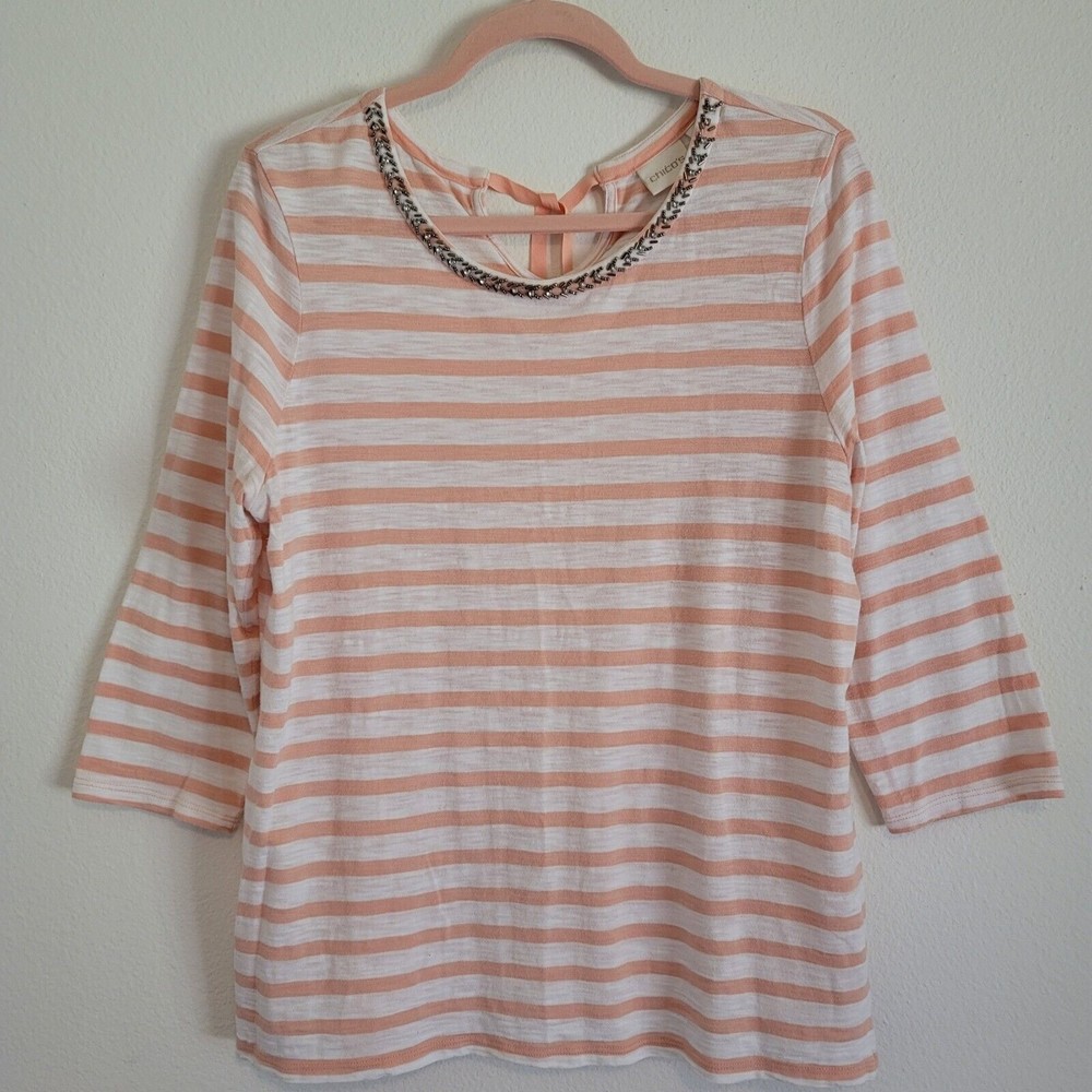Chicos Womens 3/4 Sleeve Beaded Stripe Nautical Top Sz L Pink Tie Neck Casual - Picture 12 of 13